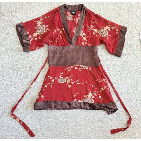 Angie Tunic Top Red Brown Floral Kimono Belted Boho Peasant Rayon - Picture 1 of 8